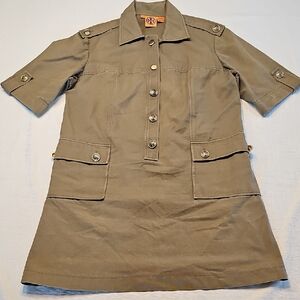 Tory Burch Khaki Utility Shirt Dress Short Sleeve Epaulets Pockets Sz 10 Cotton